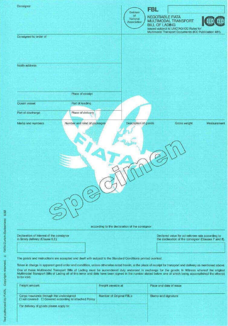 Negotiable FIATA Multimodal Transport Bill of Lading